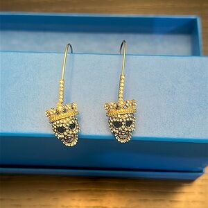 Betsey Johnson Gold Dangle Skull Earrings with Ornate Filigree